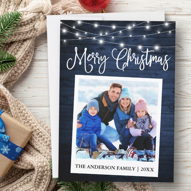 Calligraphy Blue Wood Lights Instant Camera Photo Holiday Card (Customize to add text to back of card.)