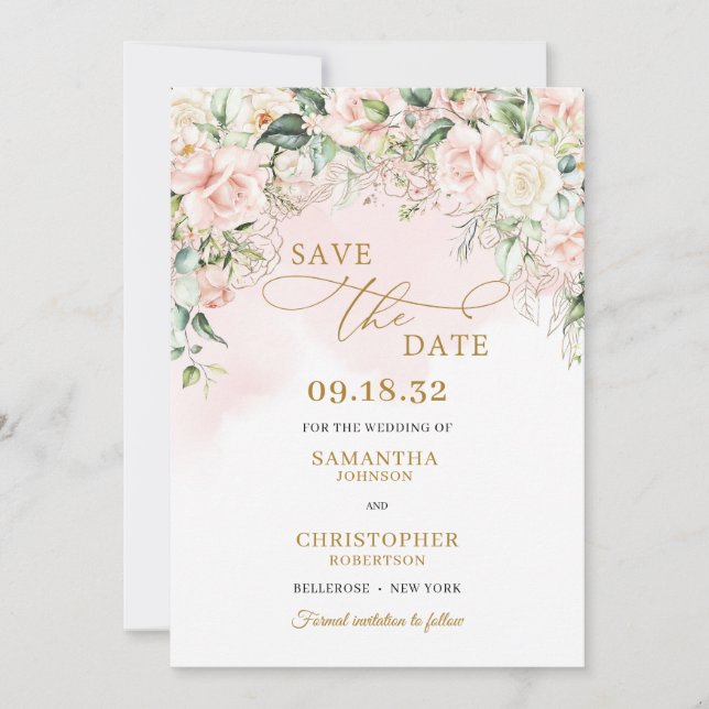 Calligraphy blush pink roses eucalyptus gold save the date (Front)