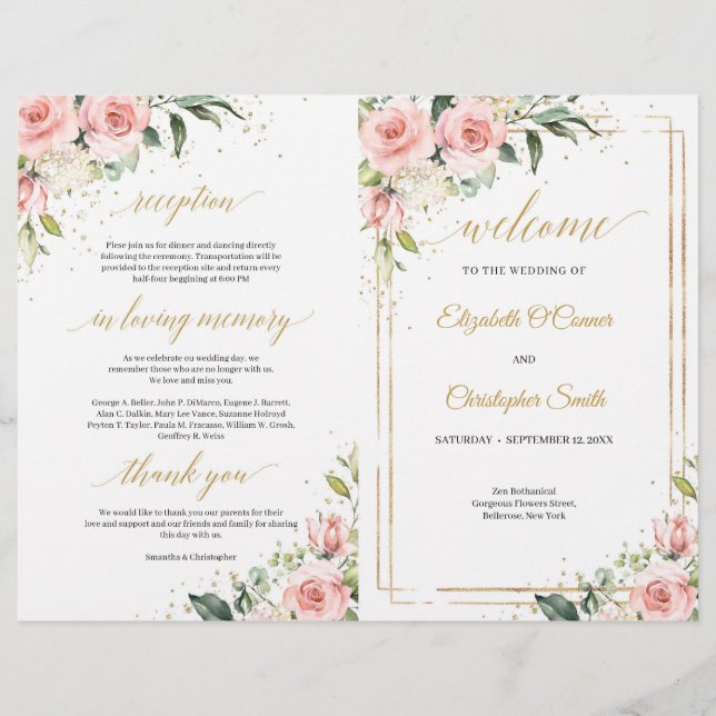 Calligraphy blush pink roses gold folded program (Front)