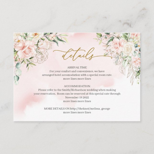 Calligraphy blush pink roses greenery details card (Front)