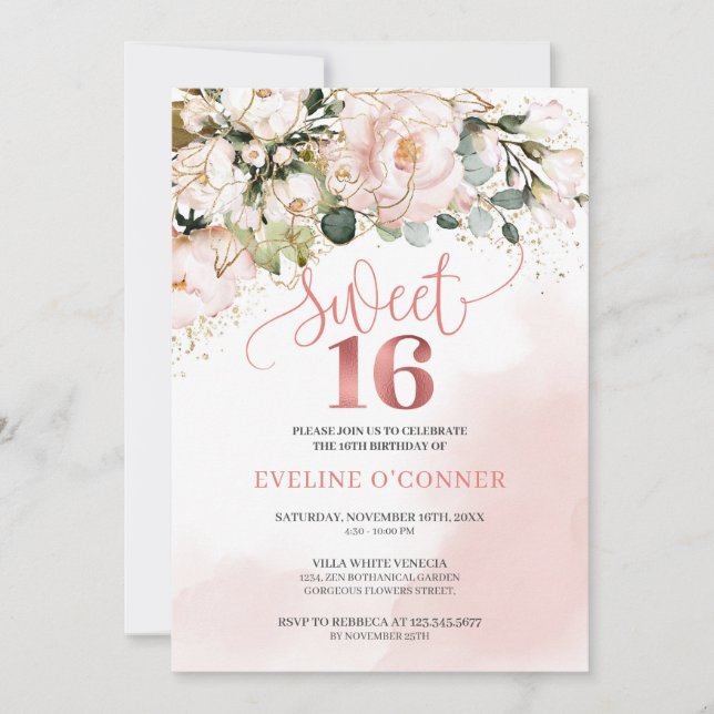 Calligraphy blush pink roses greenery sweet 16th invitation (Front)