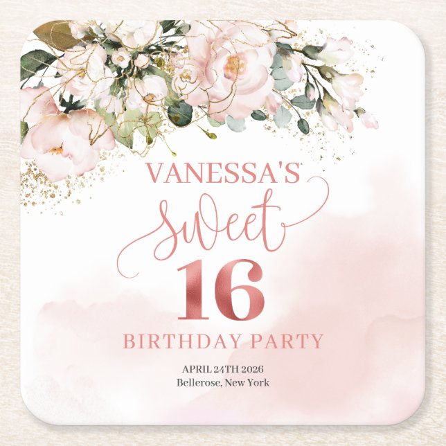 Calligraphy  blush pink roses sage 16th birthday  square paper coaster (Front)