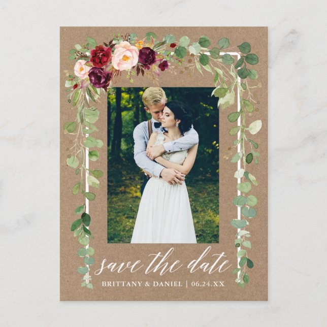 Calligraphy Botanical Floral Kraft Save The Date Announcement Postcard (Front)