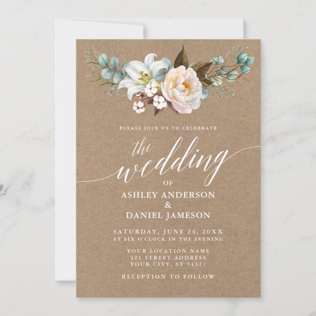 Calligraphy Botanical Floral Wedding Kraft Invite (Front)