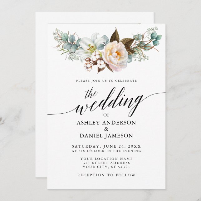 Calligraphy Botanical Floral Wedding Photo Back Invitation (Front/Back)
