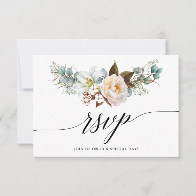 Calligraphy Botanical Floral Wedding RSVP Card (Front)
