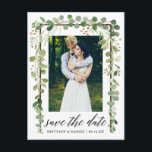Calligraphy Botanical Save The Date Wood Frame Announcement Postcard<br><div class="desc">Modern Calligraphy Script,  Watercolor Botanical Green Eucalyptus Leaves ,  Wood Frame,  Save The Date Engagement Announcement Couple Photo Postcard</div>