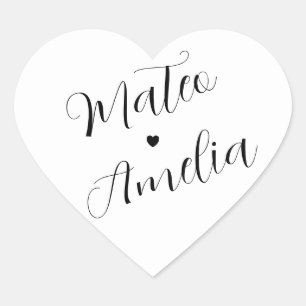 Calligraphy Bride and Groom Names on Heart Sticker
