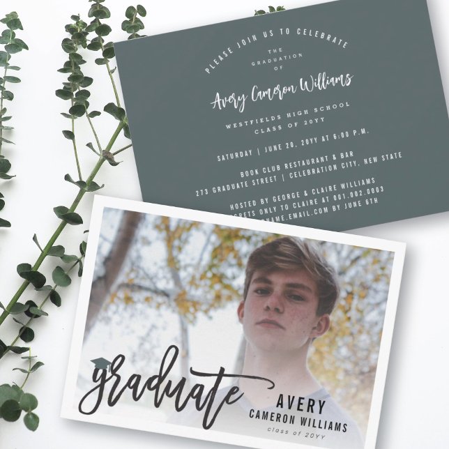 Calligraphy Brush Script Photo Graduation Party Invitation (Creator Uploaded)