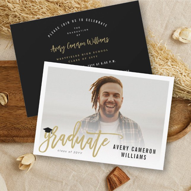 Calligraphy Brush Script Photo Graduation Party Invitation (Creator Uploaded)