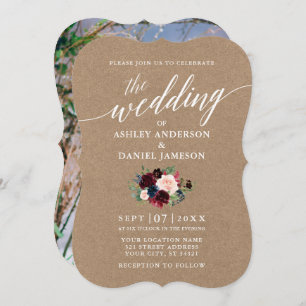 Calligraphy Burgundy Blue Floral Kraft Photo Invitation