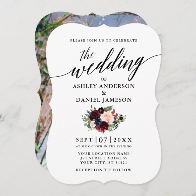 Calligraphy Burgundy Blue Floral Photo Wedding Invitation (Front/Back)
