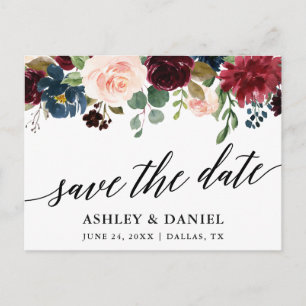 Calligraphy Burgundy Blue Floral Save The Date Postcard