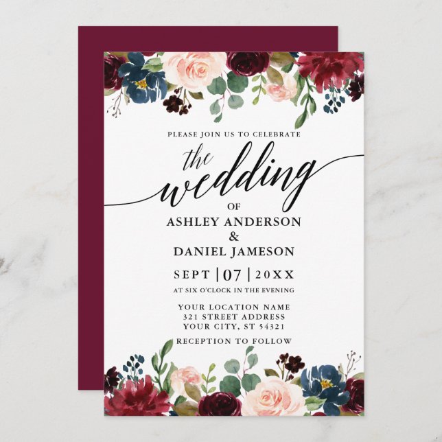 Calligraphy Burgundy Blue Floral Wedding Invitation (Front/Back)