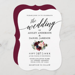 Calligraphy Burgundy Blue Floral Wedding Invitation
