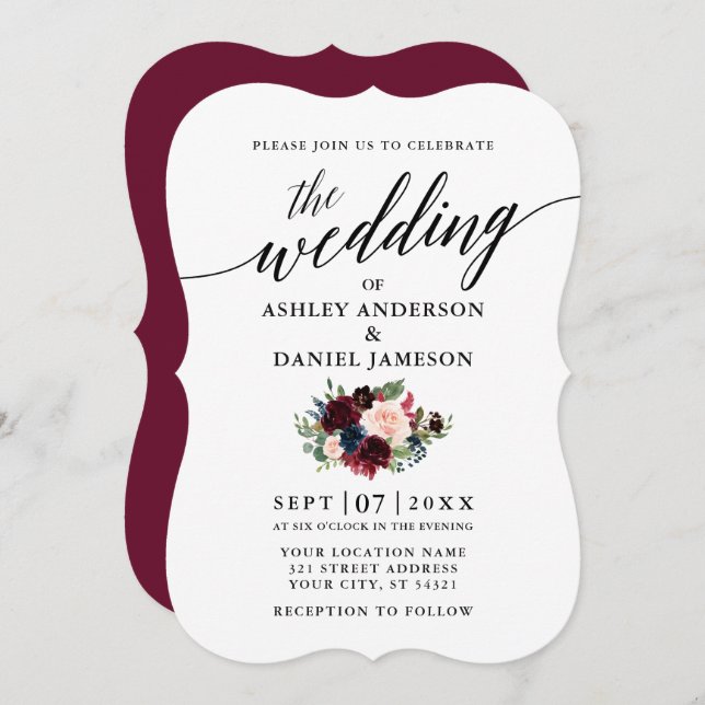 Calligraphy Burgundy Blue Floral Wedding Invitation (Front/Back)