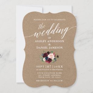 Calligraphy Burgundy Blue Floral Wedding Kraft Invitation