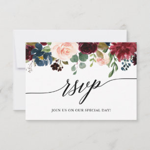 Calligraphy Burgundy Blue Floral Wedding RSVP Card