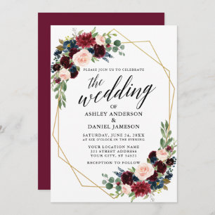 Calligraphy Burgundy Blue Geometric Gold Wedding Invitation