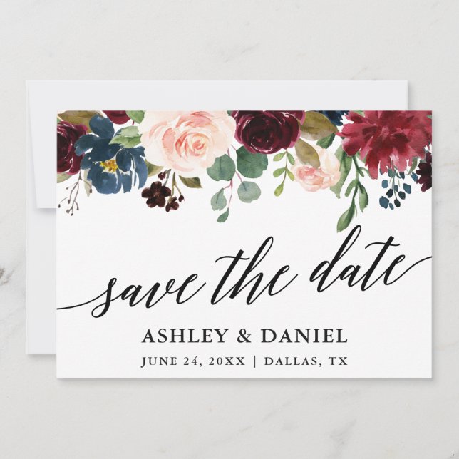 Calligraphy Burgundy Blue Save The Date Card (Front)