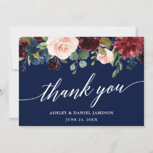 Calligraphy Burgundy Floral Blue Wedding Thank You Card