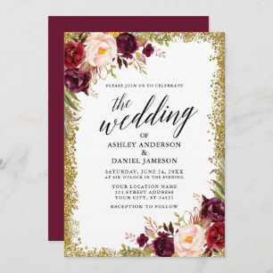 Calligraphy Burgundy Floral Gold Glitter Wedding Invitation