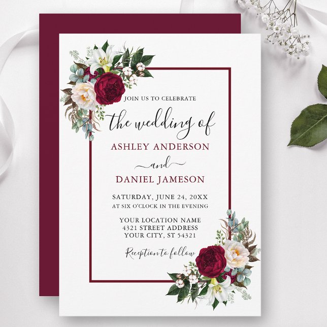 Calligraphy Burgundy Floral Greenery Frame Wedding Invitation (Customize to change text color, style, add text & photos to back or change color of back of card.)