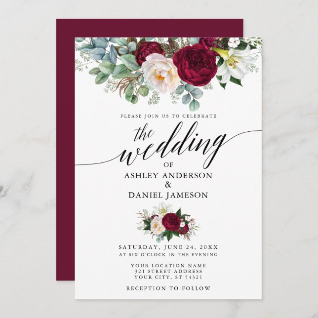 Calligraphy Burgundy Floral Greenery Wedding Invitation (Front/Back)