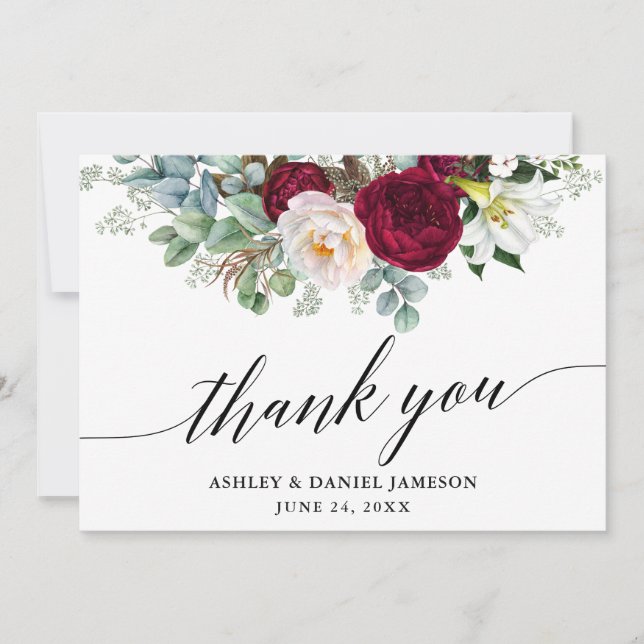 Calligraphy Burgundy Floral Greenery Wedding Thank You Card (Front)