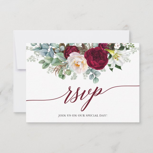 Calligraphy Burgundy Floral RSVP Wedding Card (Front)