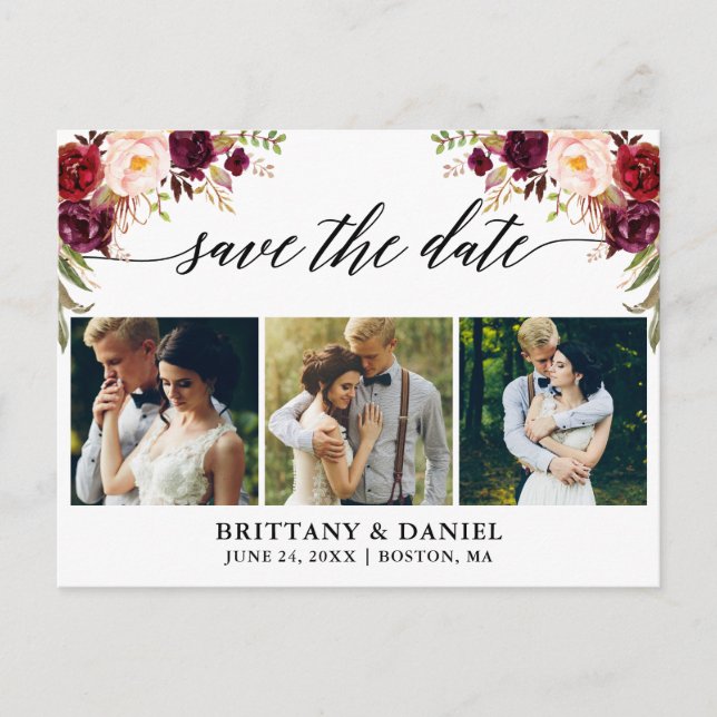 Calligraphy Burgundy Floral Save The Date 3 Photo Announcement Postcard (Front)