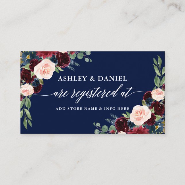 Calligraphy Burgundy Floral Wedding Blue Registry Enclosure Card (Front)