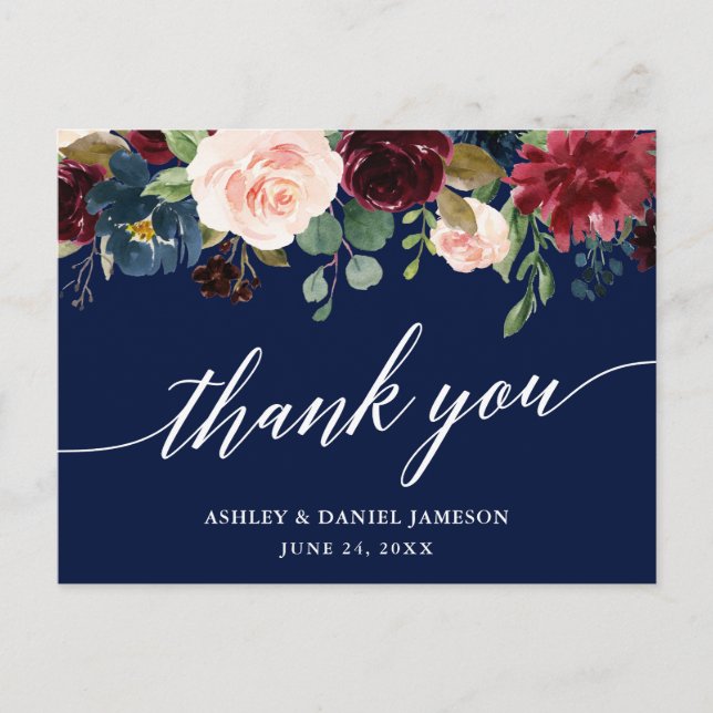 Calligraphy Burgundy Floral Wedding Blue Thank You Postcard (Front)