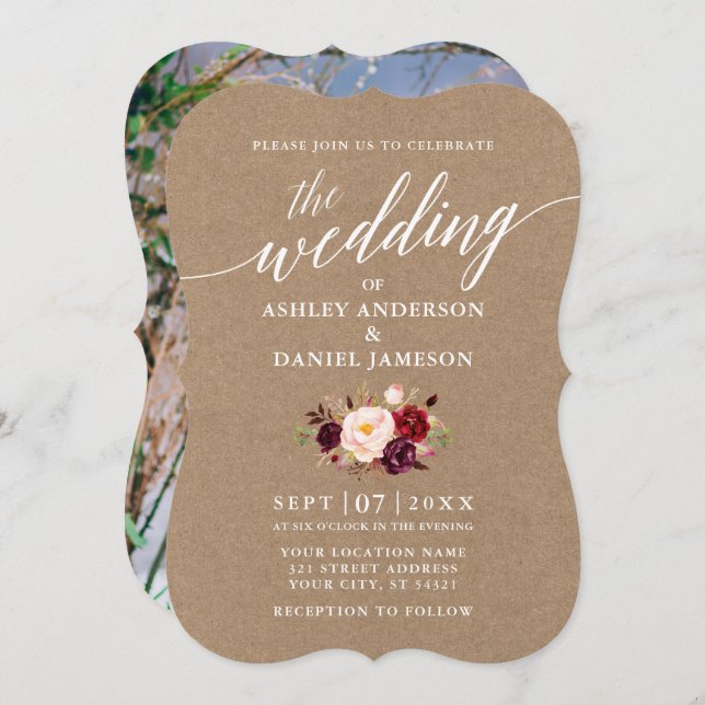 Calligraphy Burgundy Floral Wedding Kraft Photo Invitation (Front/Back)