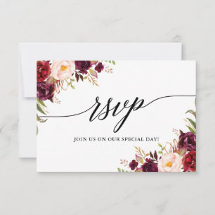 Calligraphy Burgundy Floral Wedding RSVP Meal Card