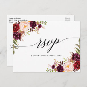 Calligraphy Burgundy Floral Wedding RSVP Postcard