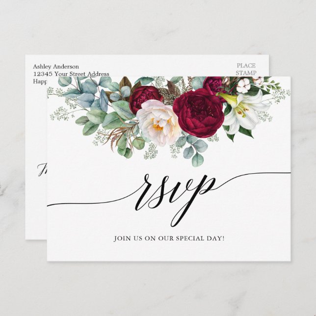 Calligraphy Burgundy Floral Wedding RSVP Postcard (Front/Back)