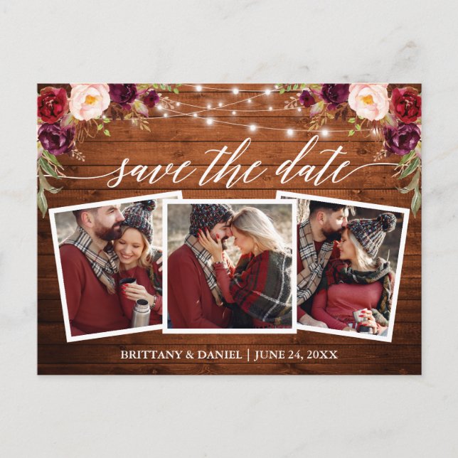 Calligraphy Burgundy Floral Wood Save The Date Postcard (Front)