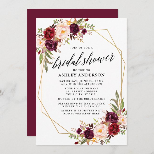 Calligraphy Burgundy Geometric Bridal Shower Invitation (Front/Back)