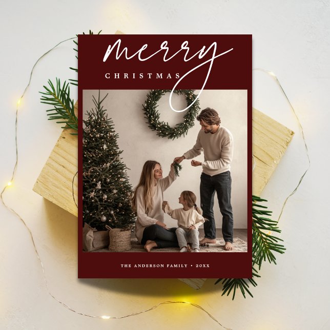 Calligraphy Burgundy Merry Christmas Photo Card (Creator Uploaded)