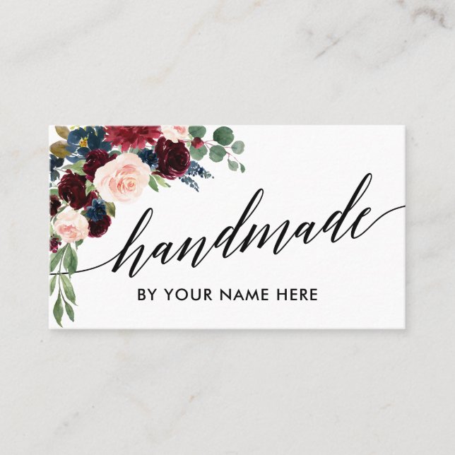 Calligraphy Burgundy Watercolor Floral Hand Made Business Card (Front)