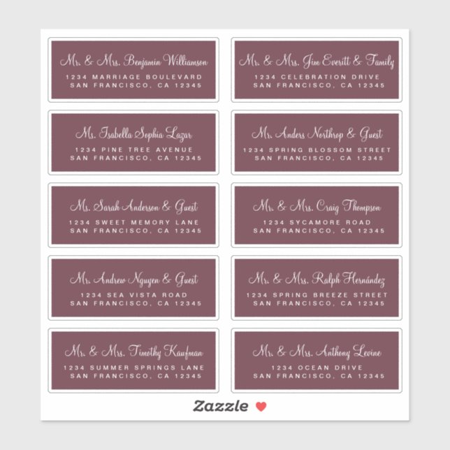 Calligraphy Burgundy Wedding Guest Address Labels (Sheet)