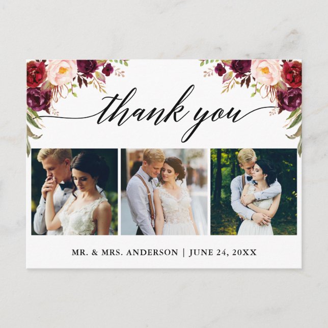 Calligraphy Burgundy Wedding Photo Thank You Postcard (Front)