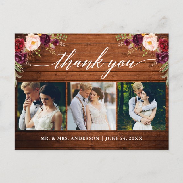 Calligraphy Burgundy Wedding Photo Wood Thank You Postcard (Front)