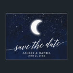 Calligraphy Celestial Moon Stars Save The Date Postcard<br><div class="desc">Celestial Save The Date engagement announcement postcard. Modern Calligraphy Script. Watercolor blue night sky with stars and the moon.</div>
