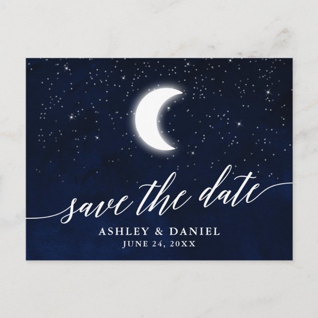 Calligraphy Celestial Moon Stars Save The Date Postcard (Front)