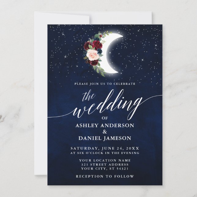 Calligraphy Celestial Wedding Floral Moon Stars Invitation (Front)