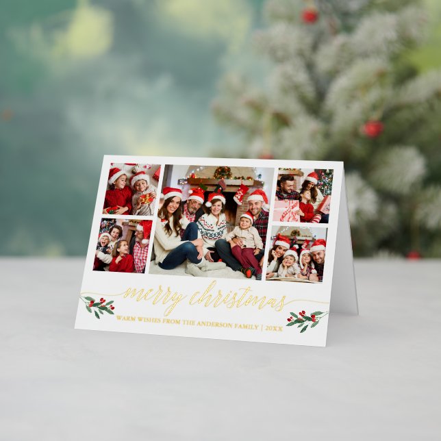 Calligraphy Christmas 5 Photo Holly Berries Gold Foil Holiday Card (Holiday In Situ)