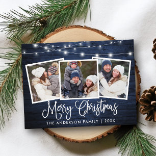Calligraphy Christmas Blue Wood Lights 3 Photo Postcard