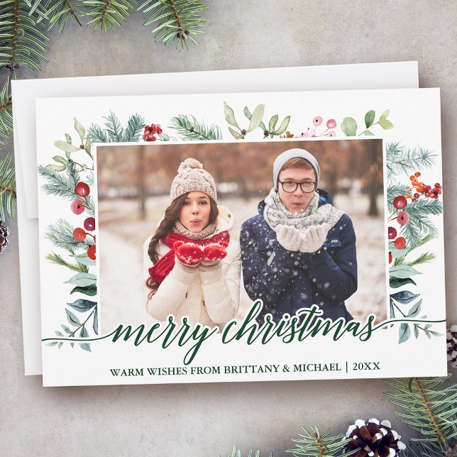 Calligraphy Christmas Greenery Couple Photo Green Holiday Card (Customize to change your personalized text size or text style.)